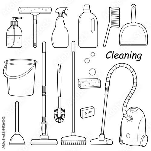 Household supplies and cleaning set.  Cleaning inventory and tools to clean wash house, mop, bucket, sponge, brushes detergents. Vector outline illustrations Isolated on white background.