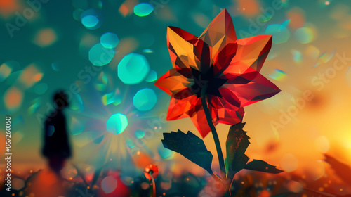 A lowpoly pixelated landscape with a silhouetted figure gazing upwards transforms into a photorealistic macro closeup of a flower with vibrant colors and delicate textures mir