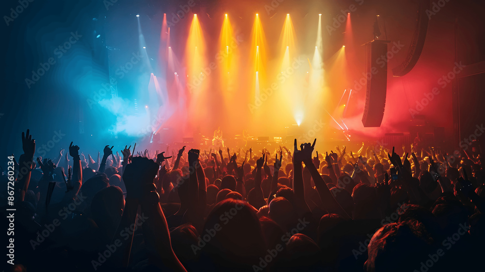 Overhead shot of huge concert crowd with vibrant stage lights Overhead shot of huge concert crowd with vibrant stage lights
