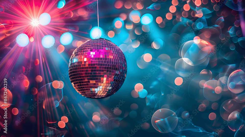 Party scene with disco ball and colorful lights Party scene with disco ball and colorful lights