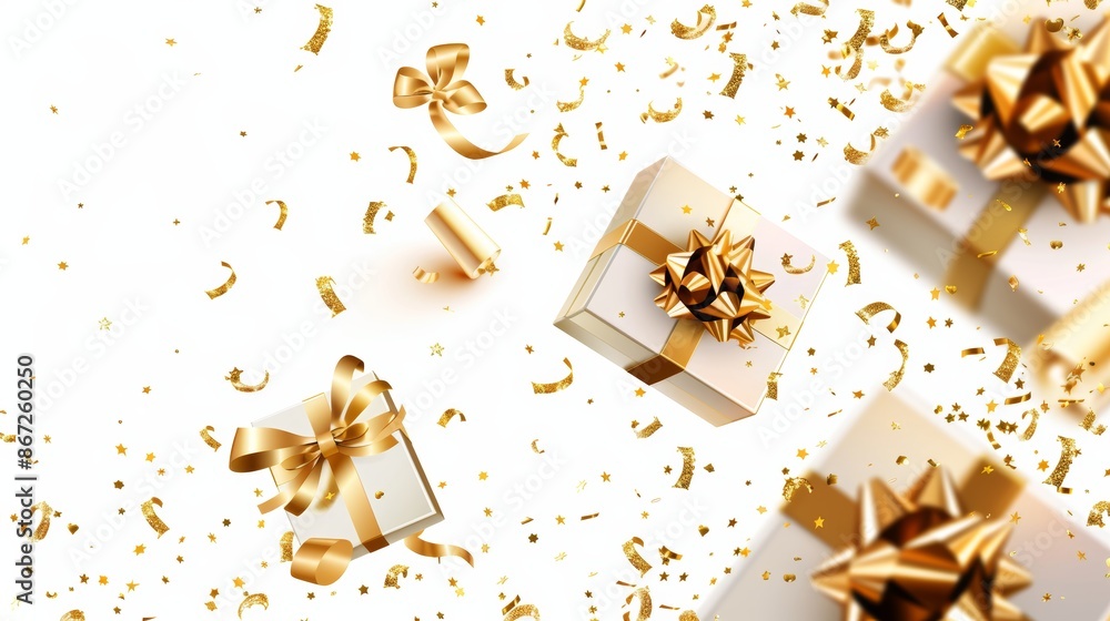 Gift boxes with golden bows and gold sequins confetti on a white background, flying and falling. Vector illustration. Gift boxes with golden bows and gold sequins confetti on a white background, flying and falling. Vector illustration.