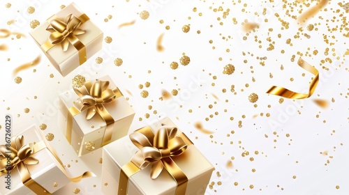 Wallpaper Mural Gift boxes with golden bows and gold sequins confetti on a white background, flying and falling. Vector illustration. Torontodigital.ca