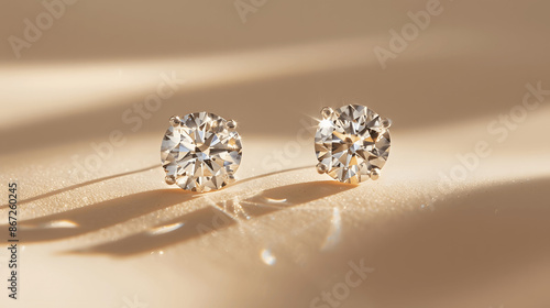 Diamond earrings showcased on beige background