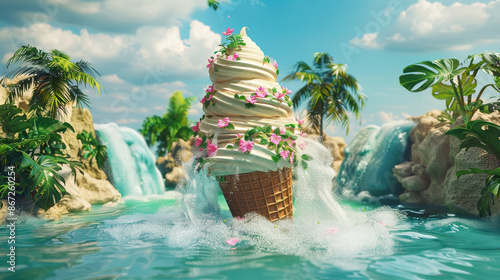 A melting ice cream cone transforms into a vibrant tropical island paradise complete with lush foliage and shimmering waterfalls High Quality High Clarity Space for Text Prof