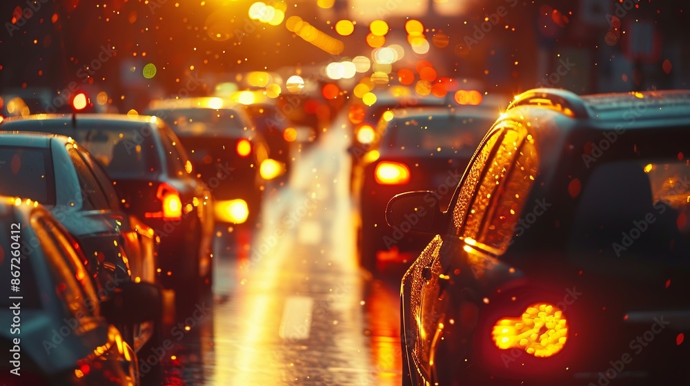 Urban Traffic at Sunset with Raindrops and Bokeh Lights - Captivating Cityscape of Cars in Motion During Golden Hour Urban Traffic at Sunset with Raindrops and Bokeh Lights - Captivating Cityscape of Cars in Motion During Golden Hour