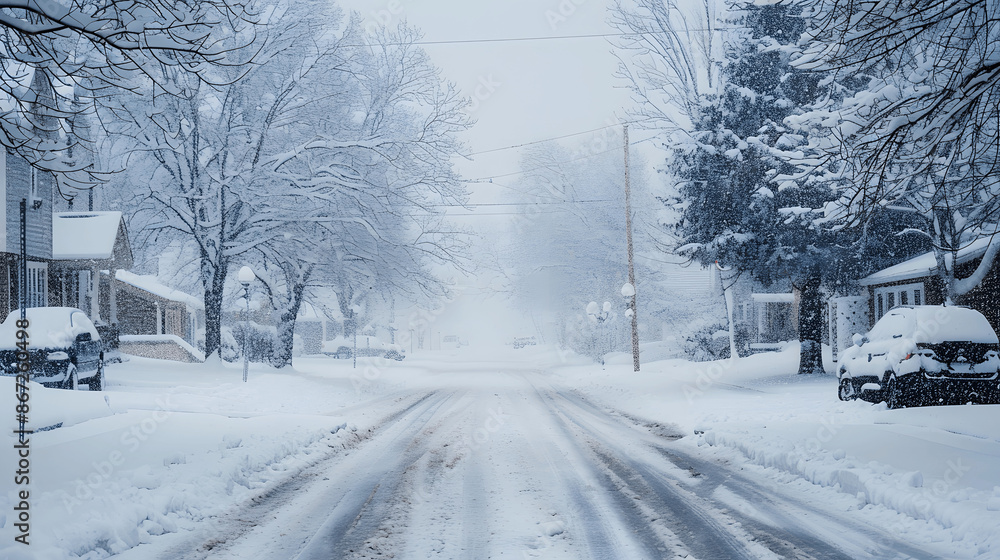 Snow-covered street in winter wonderland with heavy snowfall Snow-covered street in winter wonderland with heavy snowfall