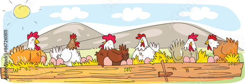 Cute chickens and their eggs on the farm.