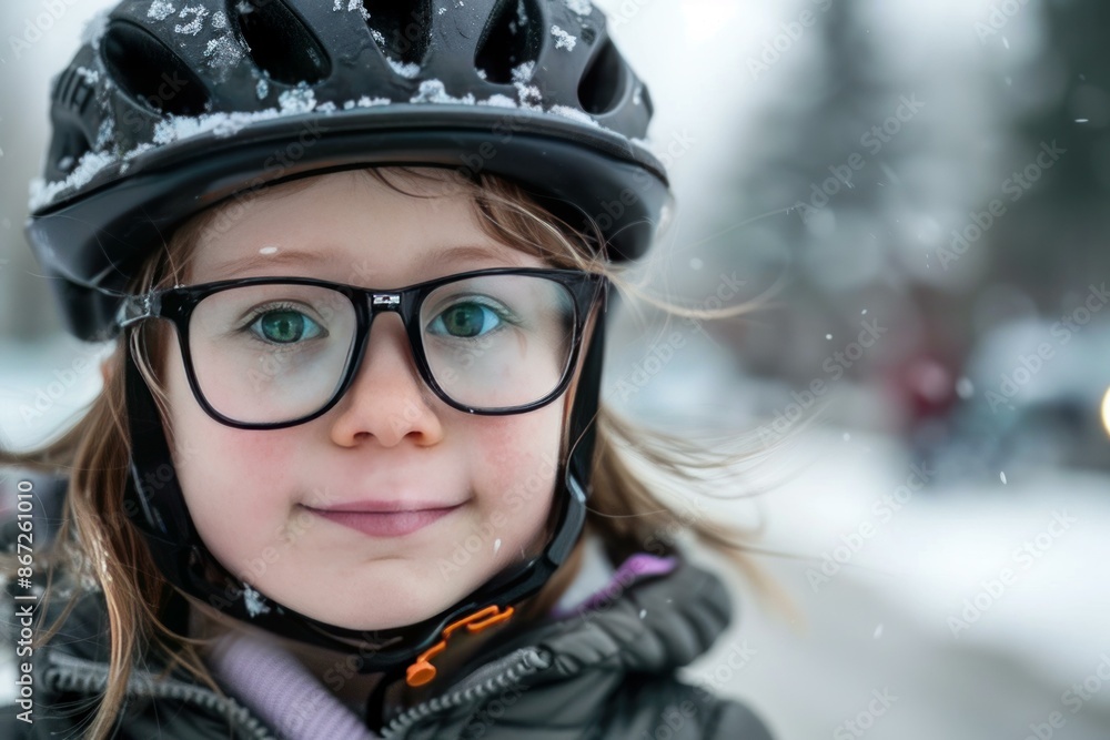 Young girl wearing a helmet and glasses is smiling during winter Young girl wearing a helmet and glasses is smiling during winter