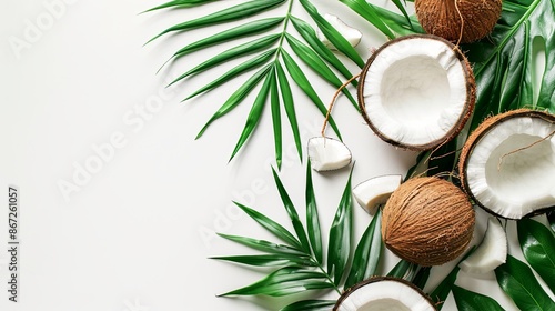 Halved coconuts with green leaves on a white background