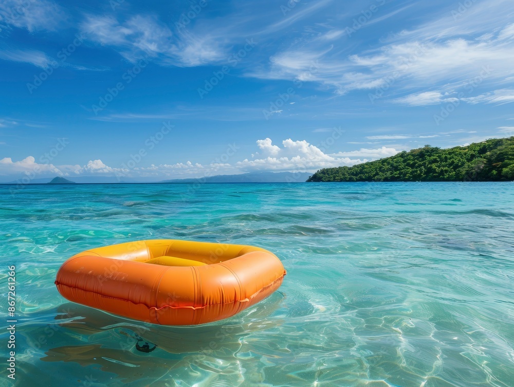 Beautiful brightly colored inflatable mattress floating in clear blue water on the beach of a resort in a tropical country, beautiful landscape without people Beautiful brightly colored inflatable mattress floating in clear blue water on the beach of a resort in a tropical country, beautiful landscape without people