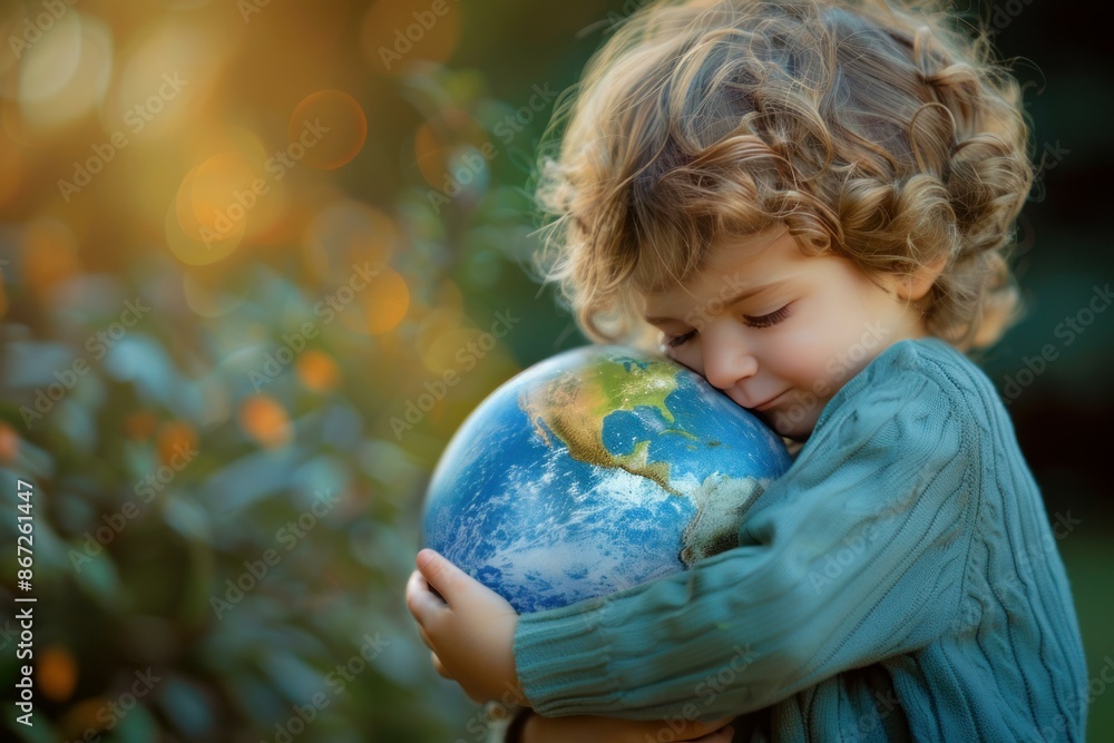 Small child with curly hair is gently hugging a globe of the earth outdoors in a sunny garden symbolizing environmental protection Small child with curly hair is gently hugging a globe of the earth outdoors in a sunny garden symbolizing environmental protection