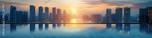 Infinity pool with city view at sunset, skyscrapers bathed in warm light, dynamic and peaceful, neon accents