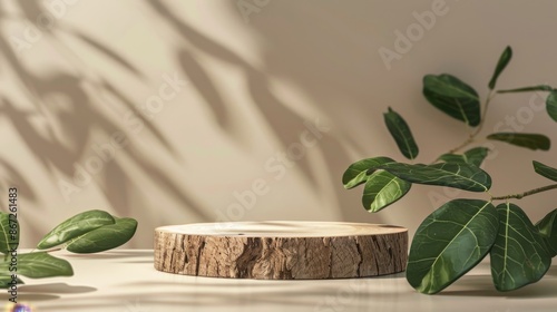 Neutral beige background displays a modern product on a wood slice podium admist green leaves. Designed for product launches, sales promotions, banner ads, and more photo