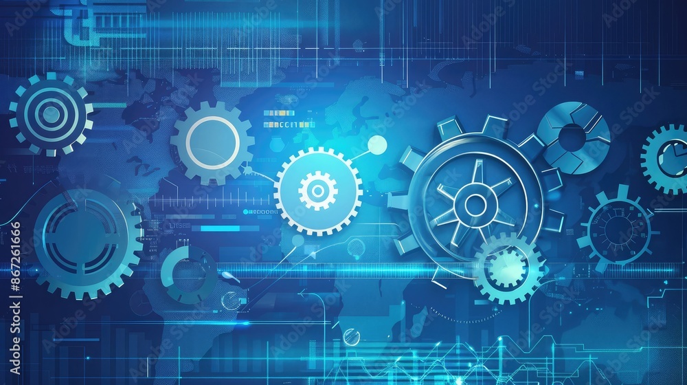 Abstract design with gears, cogs, and financial icons on a blue background. Abstract design with gears, cogs, and financial icons on a blue background.