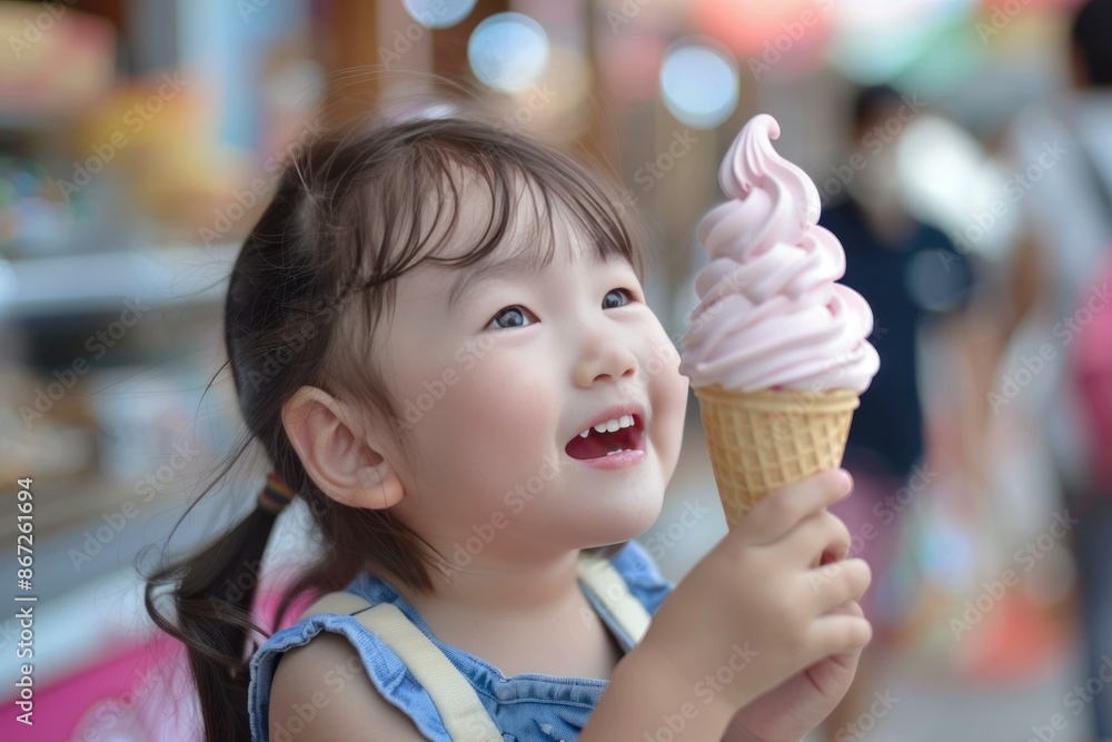 Little girl holding strawberry ice cream cone and looking up smiling