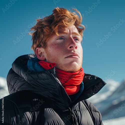Portrait of a young man on a snowy mountain with clear blue sky