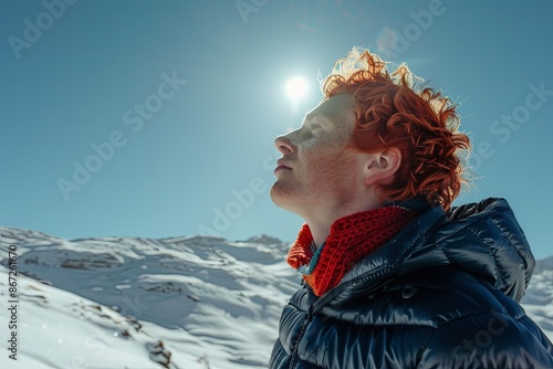 Portrait of a young man on a snowy mountain with clear blue sky