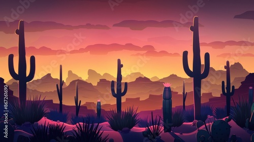 Vibrant desert sunset landscape with cacti silhouettes against a colorful sky. Concept for nature, travel, and the Wild West.