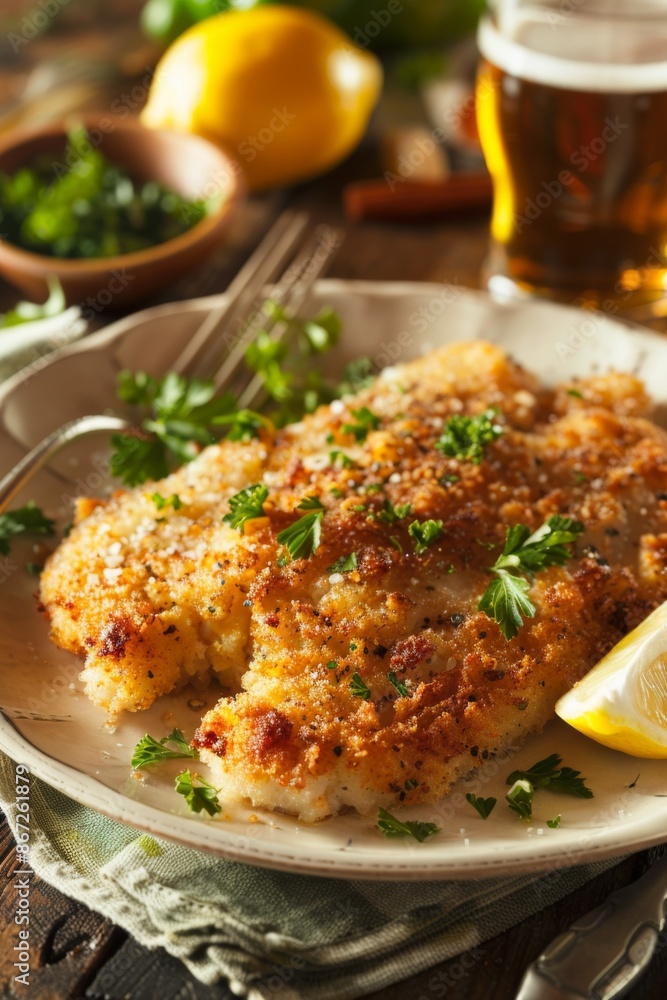 Classic Wiener Schnitzel : with a lemon wedge, parsley garnish, and a glass of golden beer on the side. Classic Wiener Schnitzel : with a lemon wedge, parsley garnish, and a glass of golden beer on the side.
