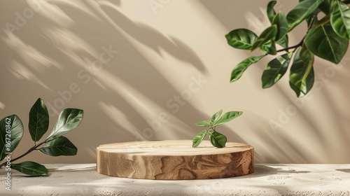 Neutral beige background displays a modern product on a wood slice podium admist green leaves. Designed for product launches, sales promotions, banner ads, and more photo