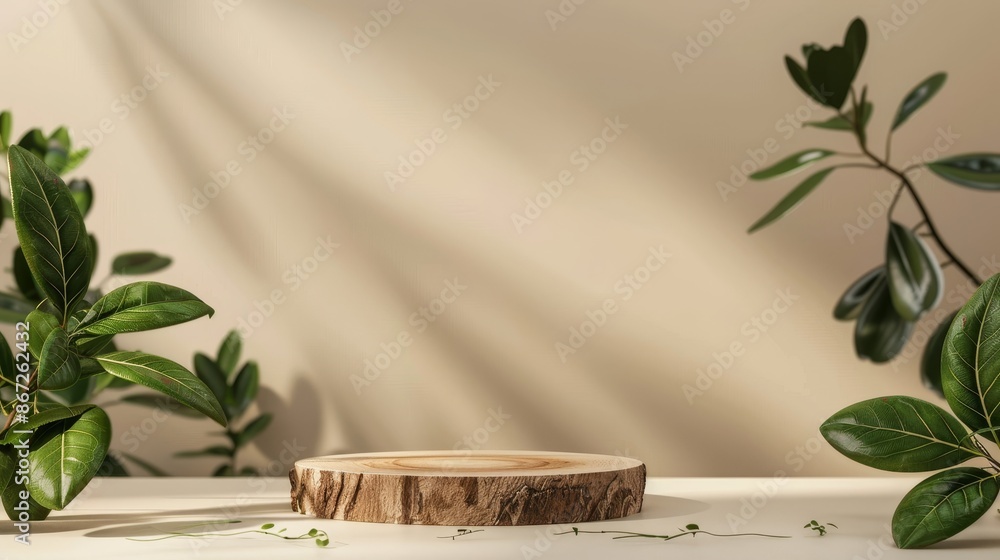 Neutral beige background displays a modern product on a wood slice podium admist green leaves. Designed for product launches, sales promotions, banner ads, and more Neutral beige background displays a modern product on a wood slice podium admist green leaves. Designed for product launches, sales promotions, banner ads, and more