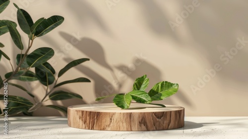 Neutral beige background displays a modern product on a wood slice podium admist green leaves. Designed for product launches, sales promotions, banner ads, and more photo