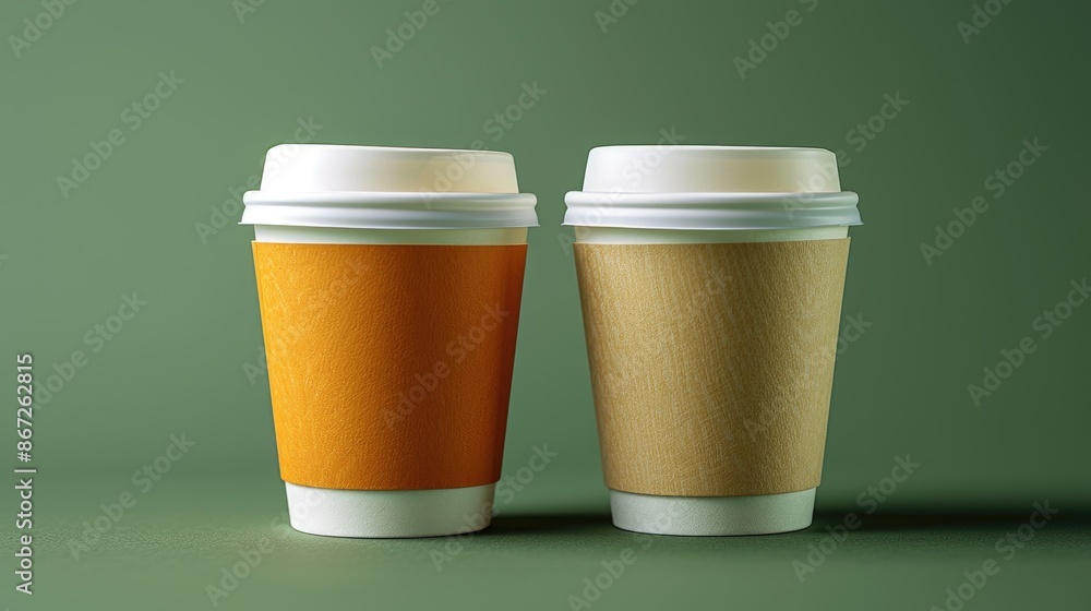 Two cups with lids on a green background Two cups with lids on a green background