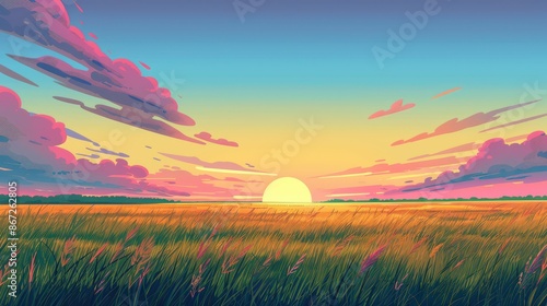 Vibrant Sunset over a Serene Meadow. Digital Illustration of Nature's Beauty