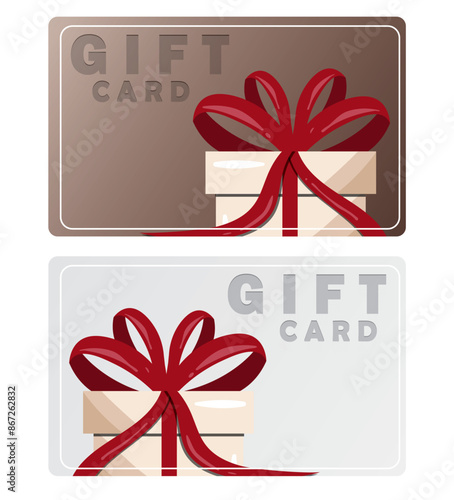 Gift card. Gift card with red ribbon present illustration. Metallic design. Gift card illustration