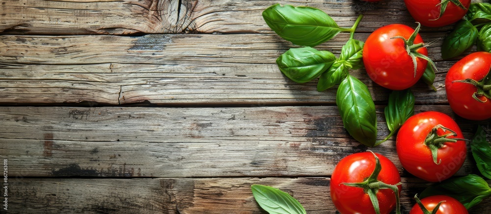 Fresh tomatoes and basil from farmers on wooden table. Top view with room for text Fresh tomatoes and basil from farmers on wooden table. Top view with room for text