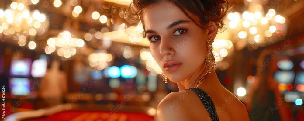 Chic girl in evening dress and piercing look in luxury casino interior, bright shoot, clear face and skin, blurred background, wallpaper Chic girl in evening dress and piercing look in luxury casino interior, bright shoot, clear face and skin, blurred background, wallpaper