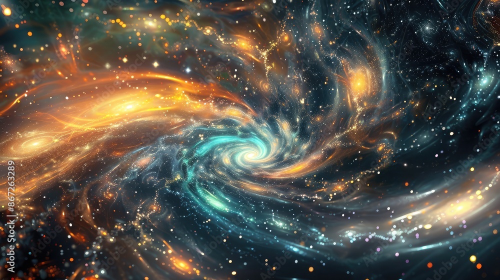 Abstract galaxy with swirling stars and bright, colorful nebulae. Abstract galaxy with swirling stars and bright, colorful nebulae.