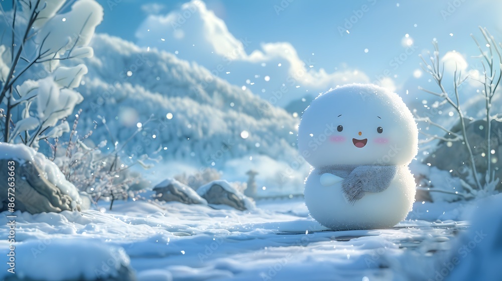 Adorable Snowman Character in Snowy Winter Landscape with Frozen Trees and Plants Adorable Snowman Character in Snowy Winter Landscape with Frozen Trees and Plants