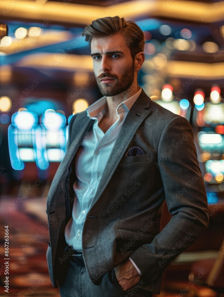 Fototapeta premium Young fit and attractive man model wearing stylish clothes with strict look in casino interior, bright image, blurred background