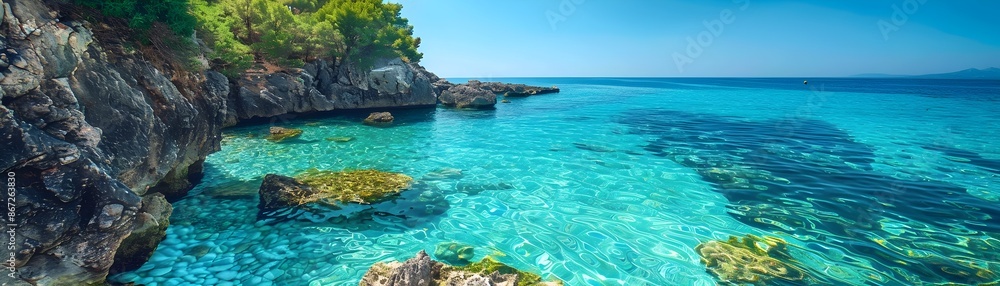 Breathtaking cliffside vista with crystal clear turquoise waters along a serene Mediterranean Breathtaking cliffside vista with crystal clear turquoise waters along a serene Mediterranean