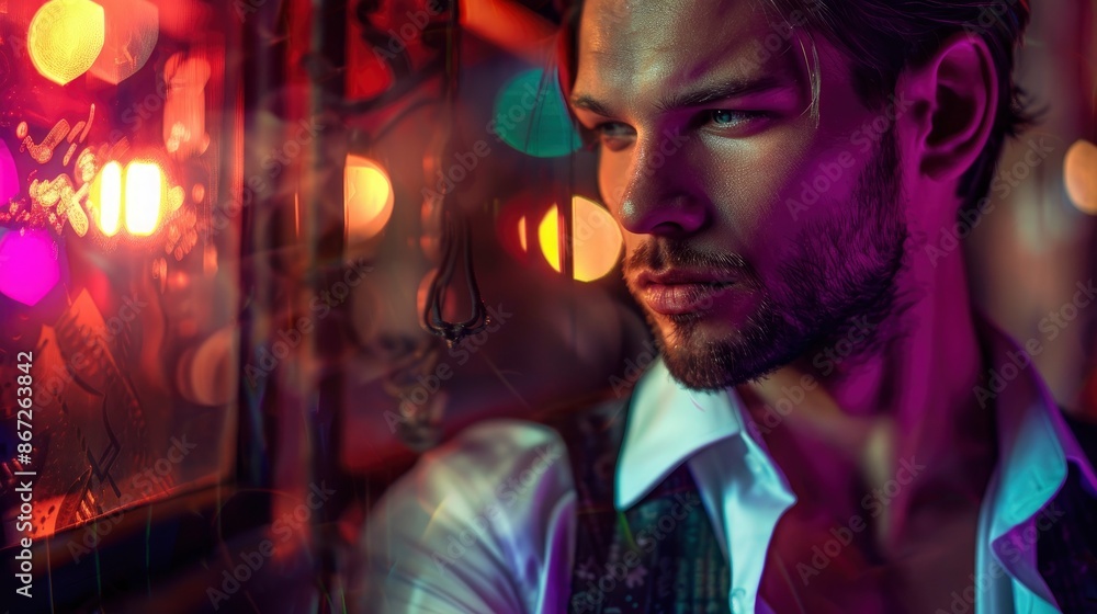 Young fit and attractive man wearing stylish clothes with strict look in cabaret interior, bright image, blurred background Young fit and attractive man wearing stylish clothes with strict look in cabaret interior, bright image, blurred background
