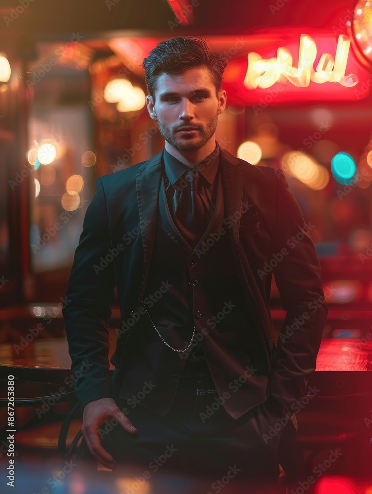 Obraz premium Young fit and attractive man wearing stylish clothes with strict look in cabaret interior, bright image, blurred background