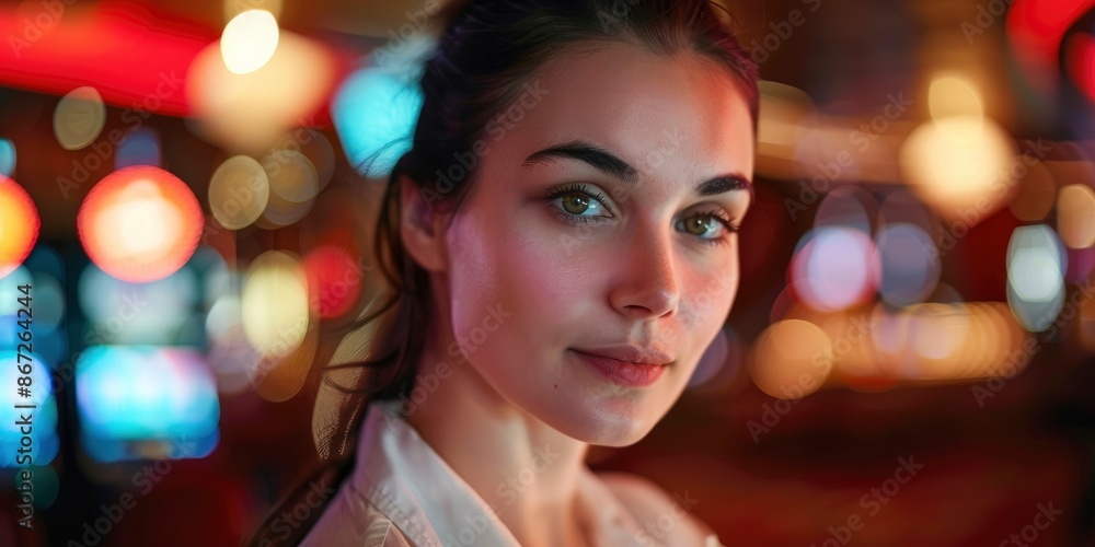 Portrait of 35 year old model girl croupier at workplace in casino, serious calm look, beautiful face, blurred background, light colored Portrait of 35 year old model girl croupier at workplace in casino, serious calm look, beautiful face, blurred background, light colored