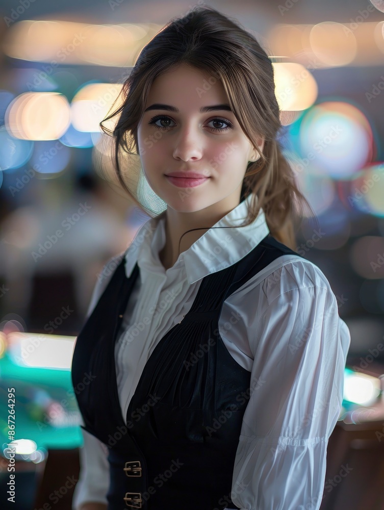 Portrait of 35 year old model girl croupier at workplace in casino, serious calm look, beautiful face, blurred background Portrait of 35 year old model girl croupier at workplace in casino, serious calm look, beautiful face, blurred background