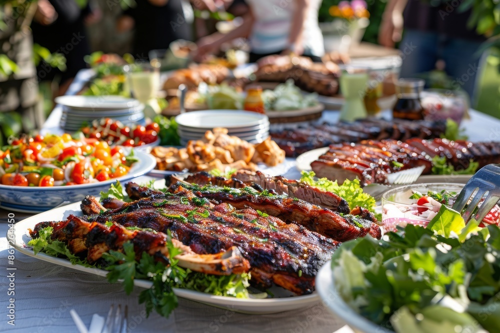 A table set with a variety of barbeque dishes, including ribs, chicken, and salads. People in the background serve themselves, enjoying the delicious spread at the barbeque party, blurred background A table set with a variety of barbeque dishes, including ribs, chicken, and salads. People in the background serve themselves, enjoying the delicious spread at the barbeque party, blurred background