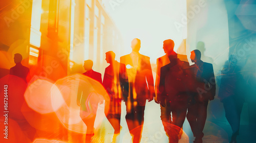 ImageSilhouette Abstract group of businessmen on a city background with office buildings. Concepts for success in business partnerships Team of employees, trust and agreement