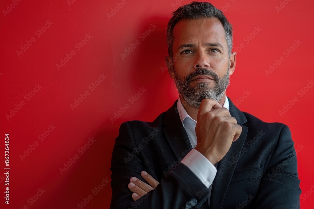 A man in a suit is standing in front of a red wall, looking down and thinking