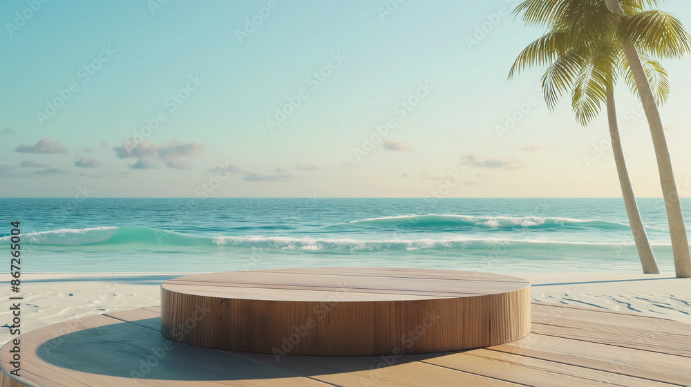 Fototapeta premium The wooden floor platform has a view of the blue sky, the summer landscape of the ocean, and the white sand beach. Free space for decorating and displaying products