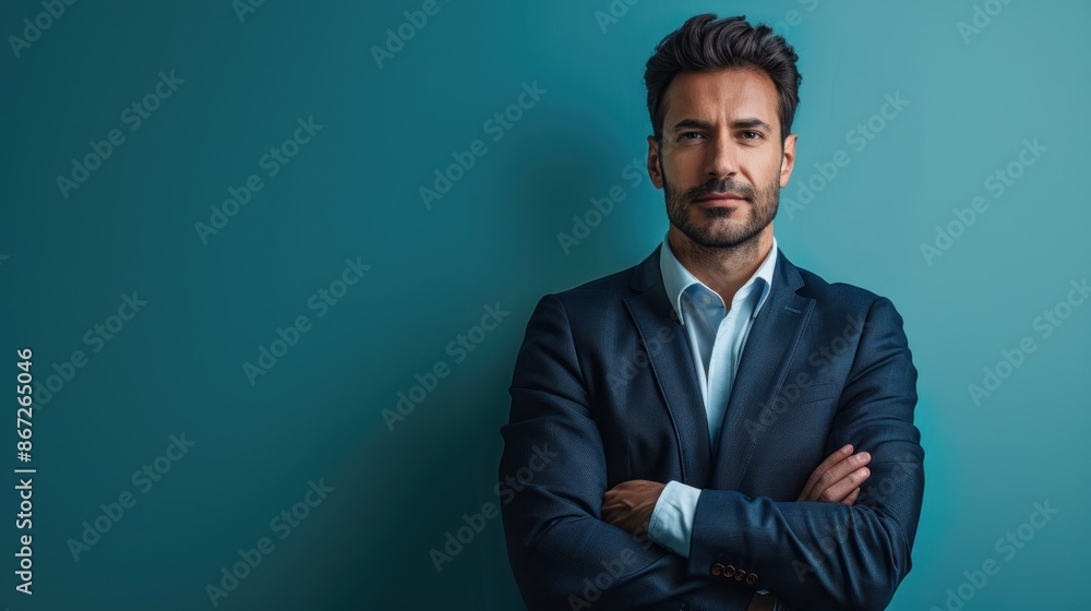 A man in a suit is standing in front of a blue wall A man in a suit is standing in front of a blue wall