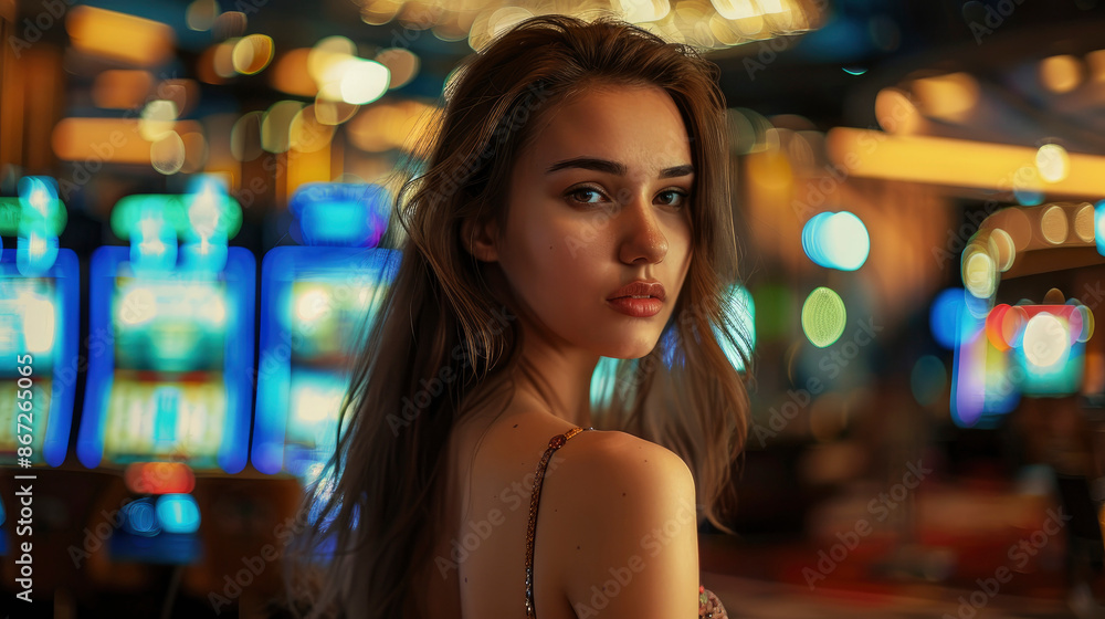 Sensitive woman in evening dress and strict look in luxury casino interior, clear face and skin, bright image, light colors, blurred background, wallpaper Sensitive woman in evening dress and strict look in luxury casino interior, clear face and skin, bright image, light colors, blurred background, wallpaper