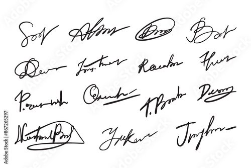 Autographs handwritten pen signatures documents. Hand signature templates, abstract autograph