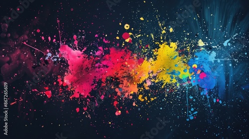Abstract splatter paint effect with a variety of vibrant colors on a dark background.
