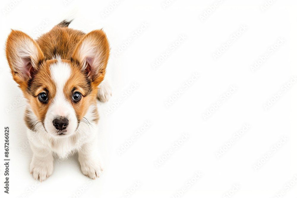 Cute Puppy laying on the floor top view flat lay with white copy space white background Cute Puppy laying on the floor top view flat lay with white copy space white background