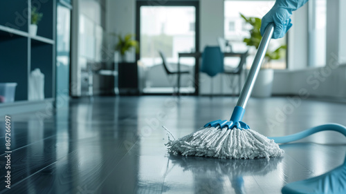 Person cleaning floor with blue gloves and mop