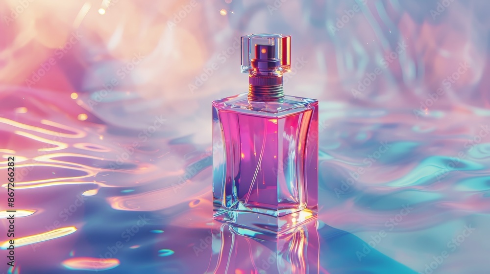 Realistic close-up photography of a luxury perfume bottle, highlighting the transparent glass and liquid inside with a spray nozzle, against a surrealism liquid background, ideal for high-end Realistic close-up photography of a luxury perfume bottle, highlighting the transparent glass and liquid inside with a spray nozzle, against a surrealism liquid background, ideal for high-end